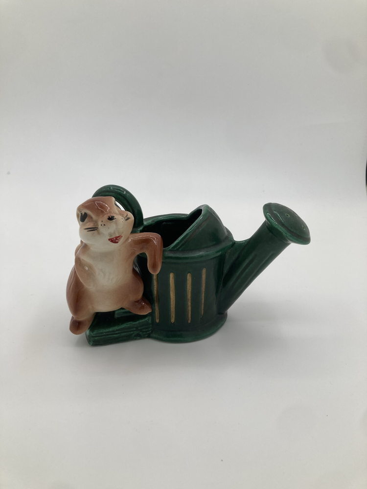 Vintage Ceramic Bunny on Watering Can Planter – Green & Brown Mid-Century